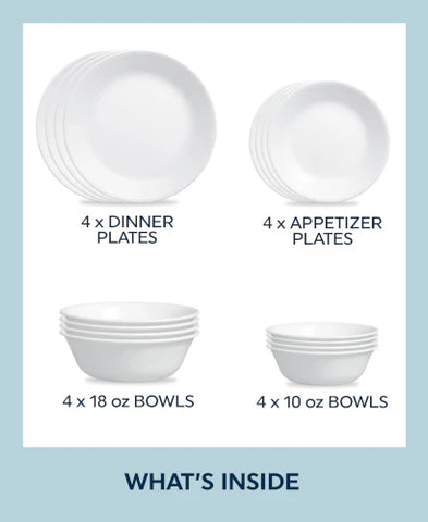 Corelle® Winter Frost White 16-piece Mugless Dinnerware Set, Service for 4